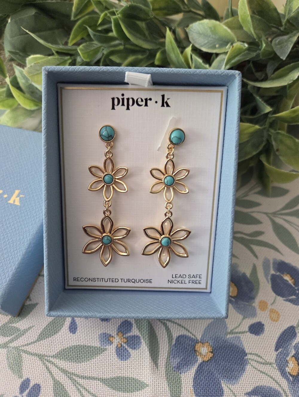 piper·k Gold Floral Drop Earrings with Turquoise Accents